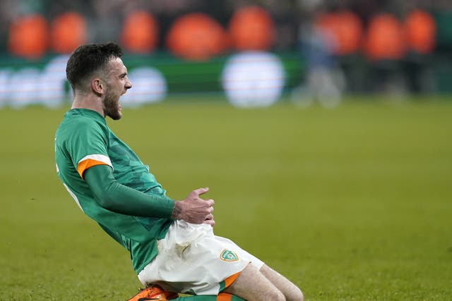 Republic of Ireland striker Troy Parrott celebrates his last-gasp winner against Lithuania (Niall Carson/PA)
