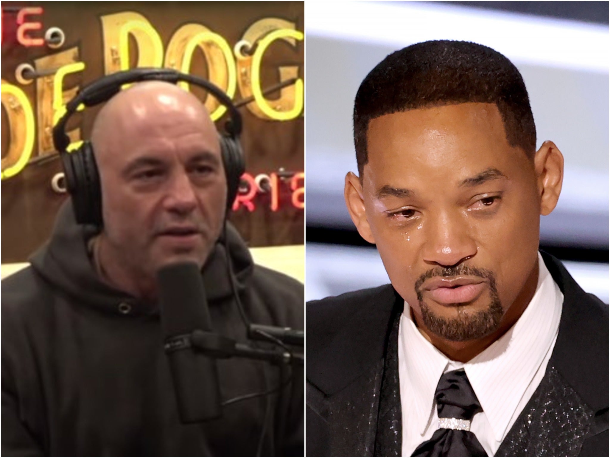 <p>Joe Rogan (left) shared his thoughts about the Will Smith incident on Tuesday’s episode of his podcast</p>
