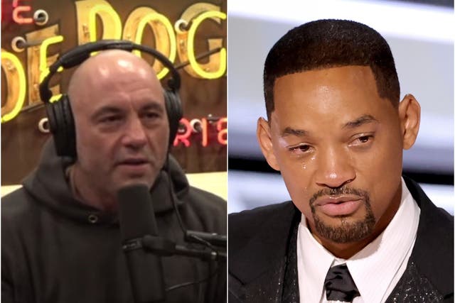 <p>Joe Rogan (left) shared his thoughts about the Will Smith incident on Tuesday’s episode of his podcast</p>