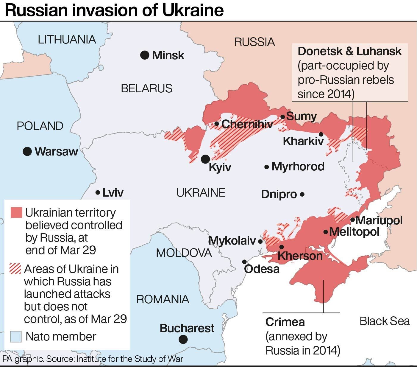 The extent of the Russian invasion of Ukraine as of 30 March