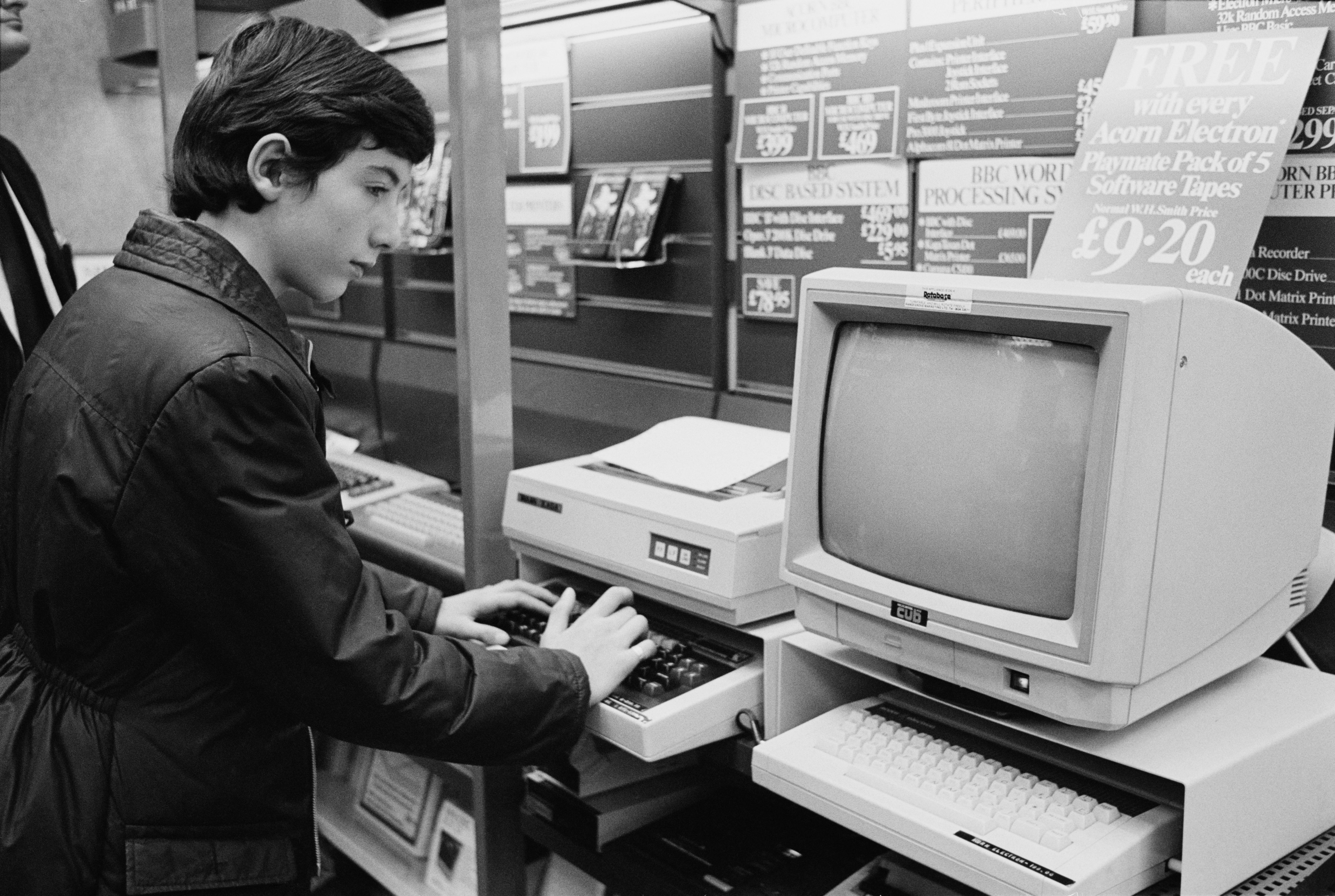 An Acorn Electron computer and monitor in 1984