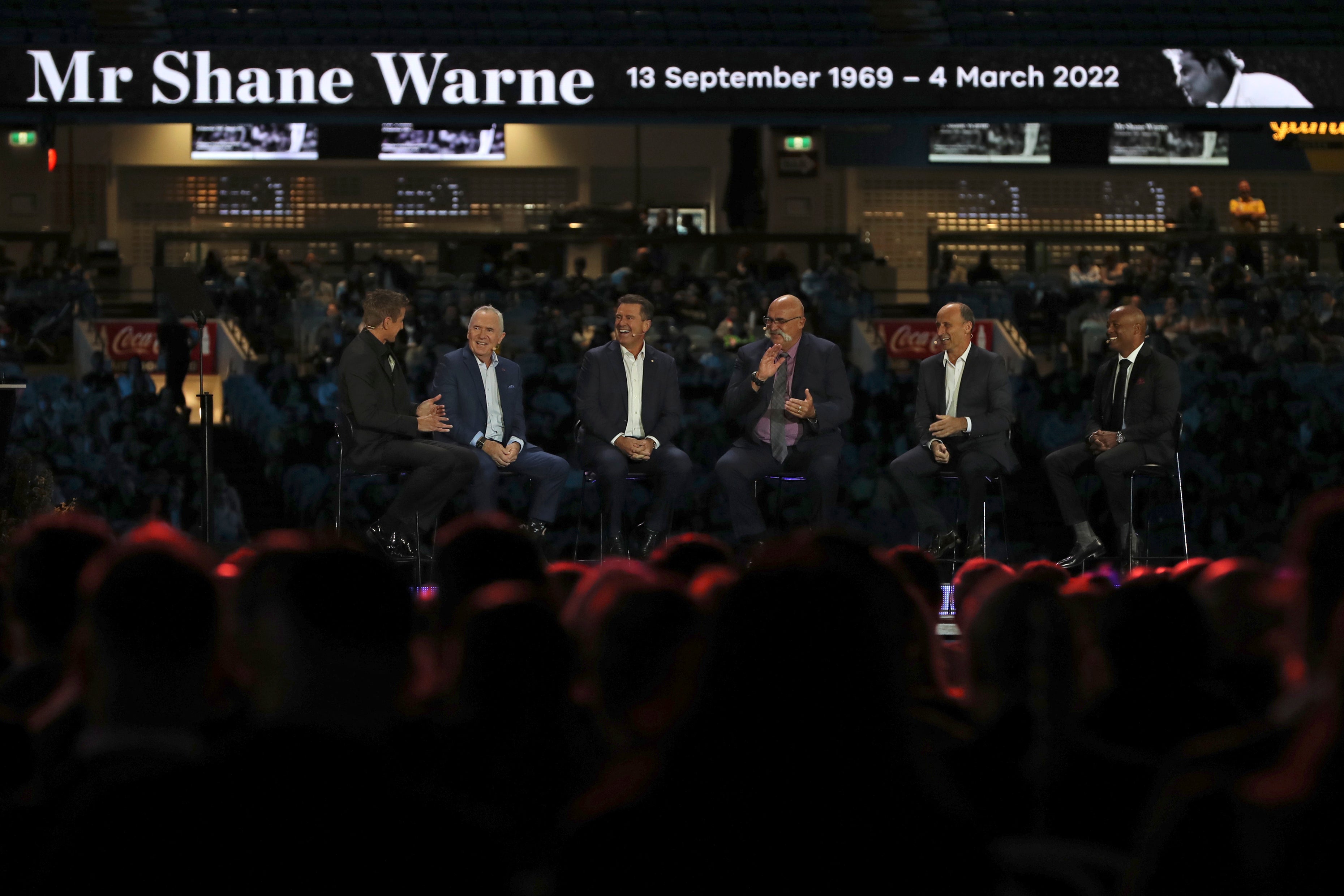 A panel including former cricketers (from second left) Allan Border, Mark Taylor, Merv Hughes, Nasser Hussain and Brian Lara spoke of their memories of Warne (Asanka Brendon Ratnayake/AP)