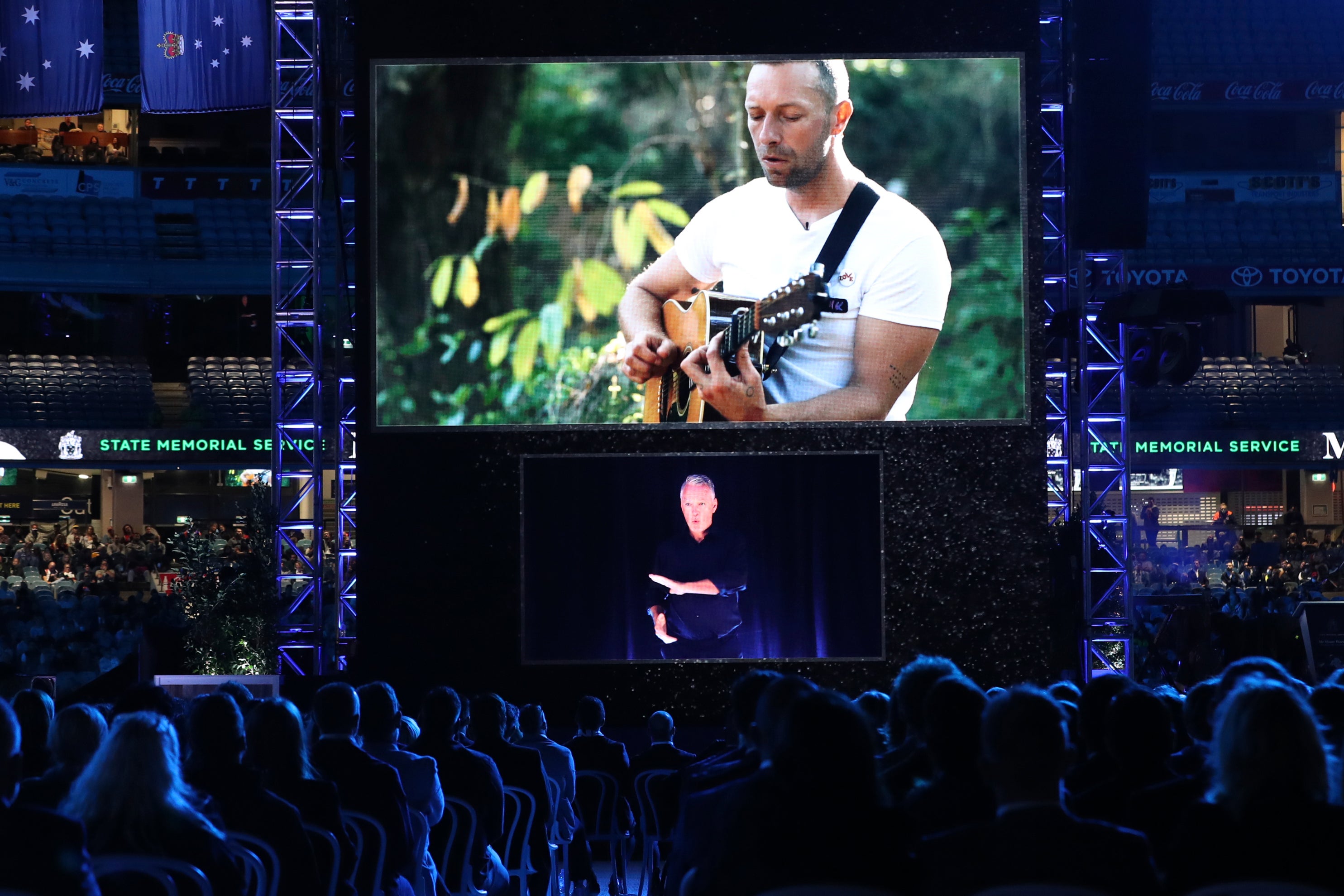 Chris Martin performed a tribute by video link (Asanka Brendon Ratnayake/AP/PA)