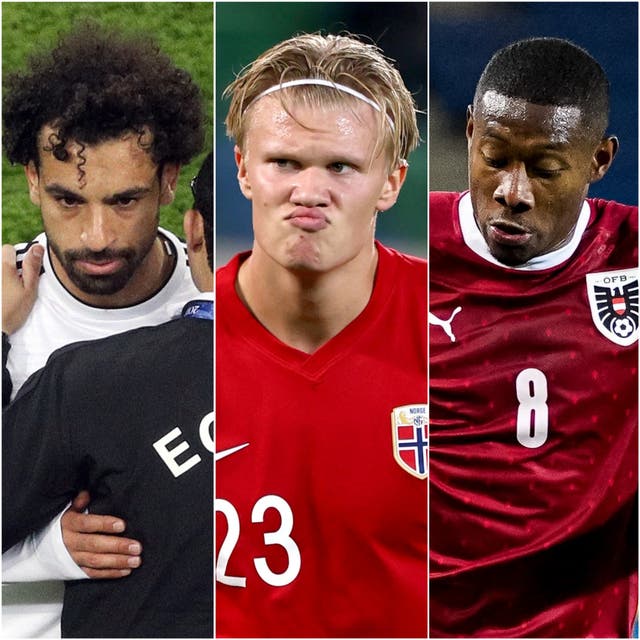 Mohamed Salah, Erling Haaland and David Alaba (Owen Humphreys/Liam McBurnye/Florian Schrotter/PA).