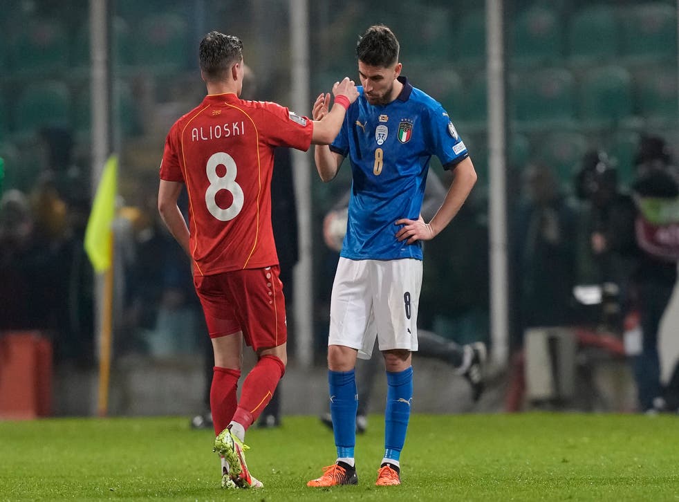 Jorginho (right) after Italy’s loss to North Macedonia (Antonio Calanni/AP).