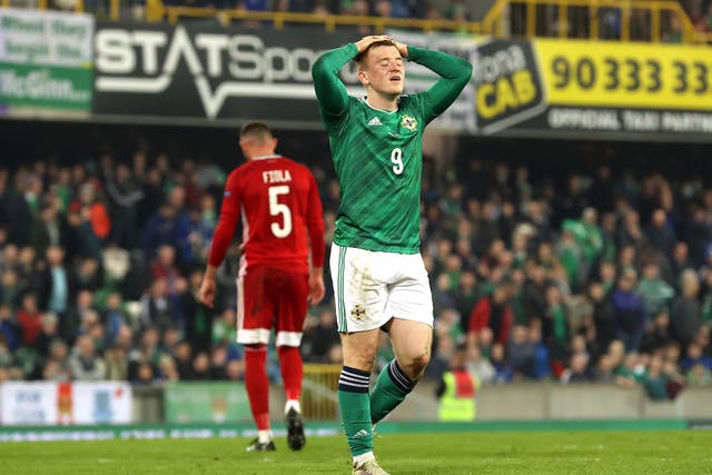 <p>Northern Ireland’s Shayne Lavery rues a missed chance</p>