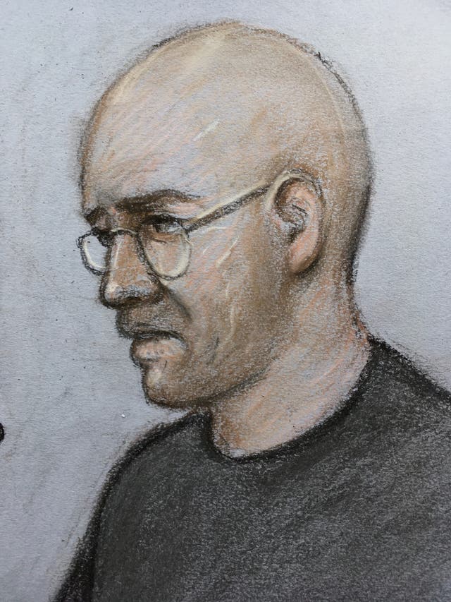 <p>A sketch of John Cole giving evidence at Cardiff Crown Court </p>