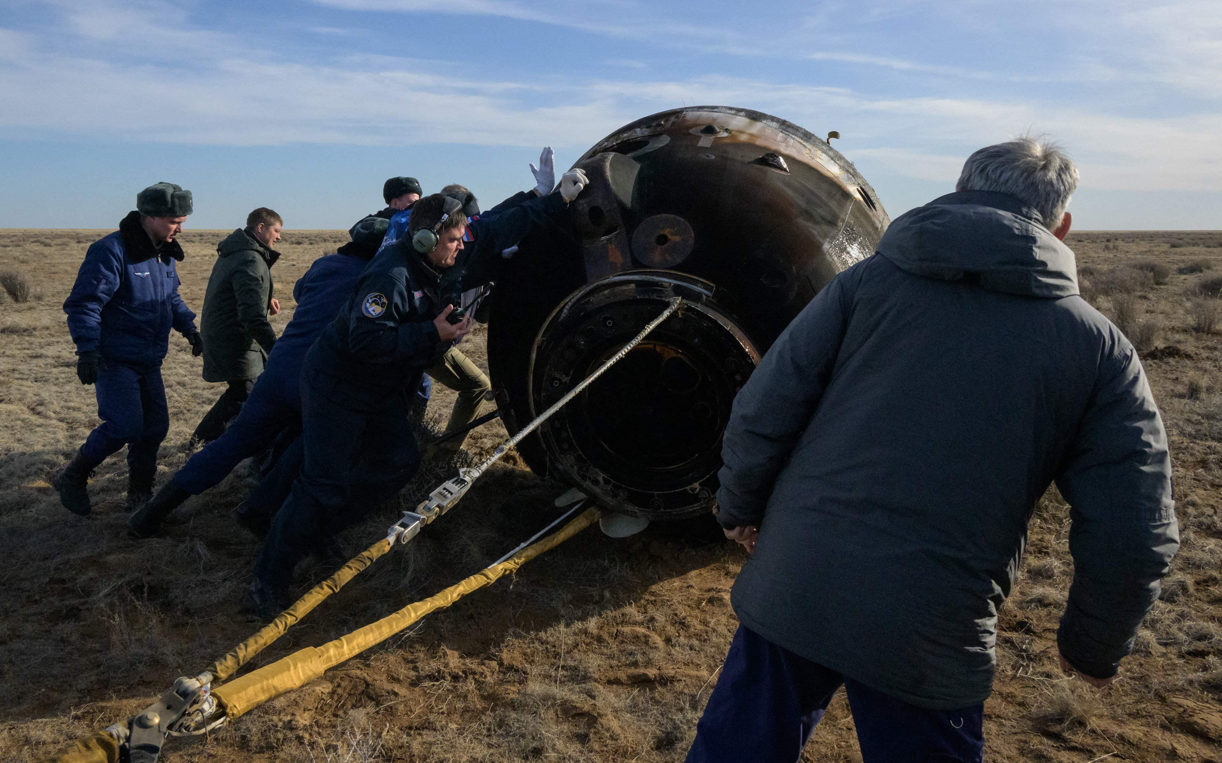 The moment the Russian Soyuz capsule touched down in Kazakhstan at 5.28pm local time on 30 March, 2022
