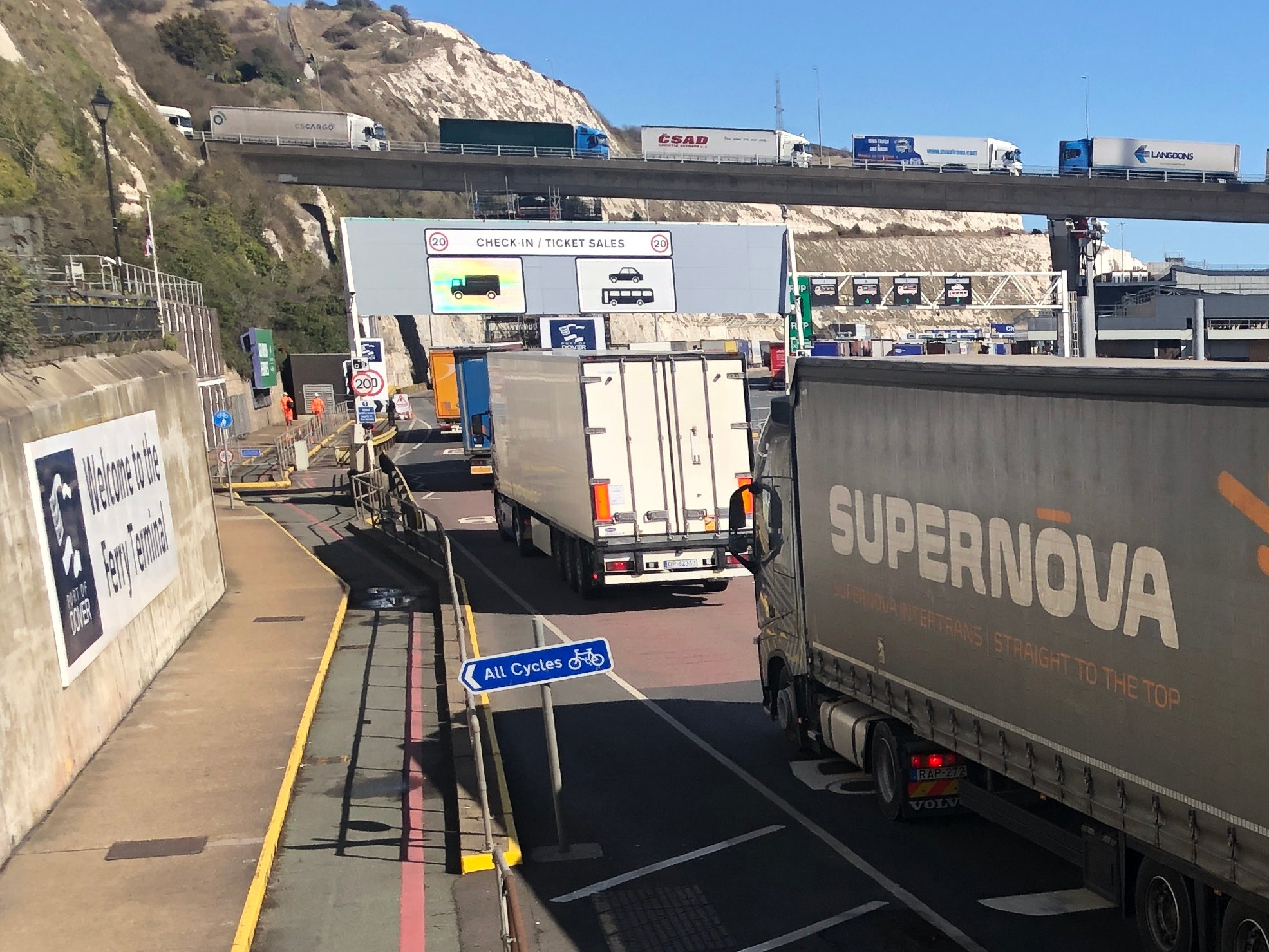 Continental connection; Trucks queuing for cross-Channel ferries at Dover in 2022
