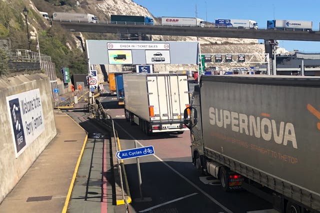 <p>Continental connection; Trucks queuing for cross-Channel ferries at Dover in 2022 </p>