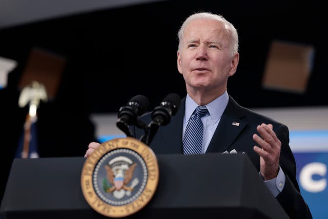 <p>President Joe Biden gestures as he delivers remarks on Covid-19 in the United States in the South Court Auditorium on March 30, 2022 in Washington, DC</p>