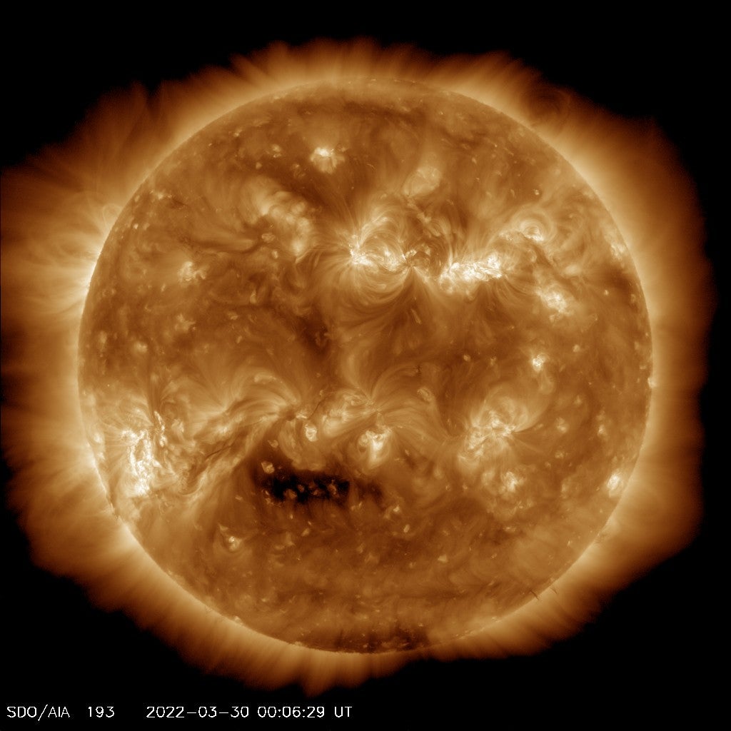 An image of the Sun taken by Nasa’s Solar Dynamics Observatory spacecraft on 30 March