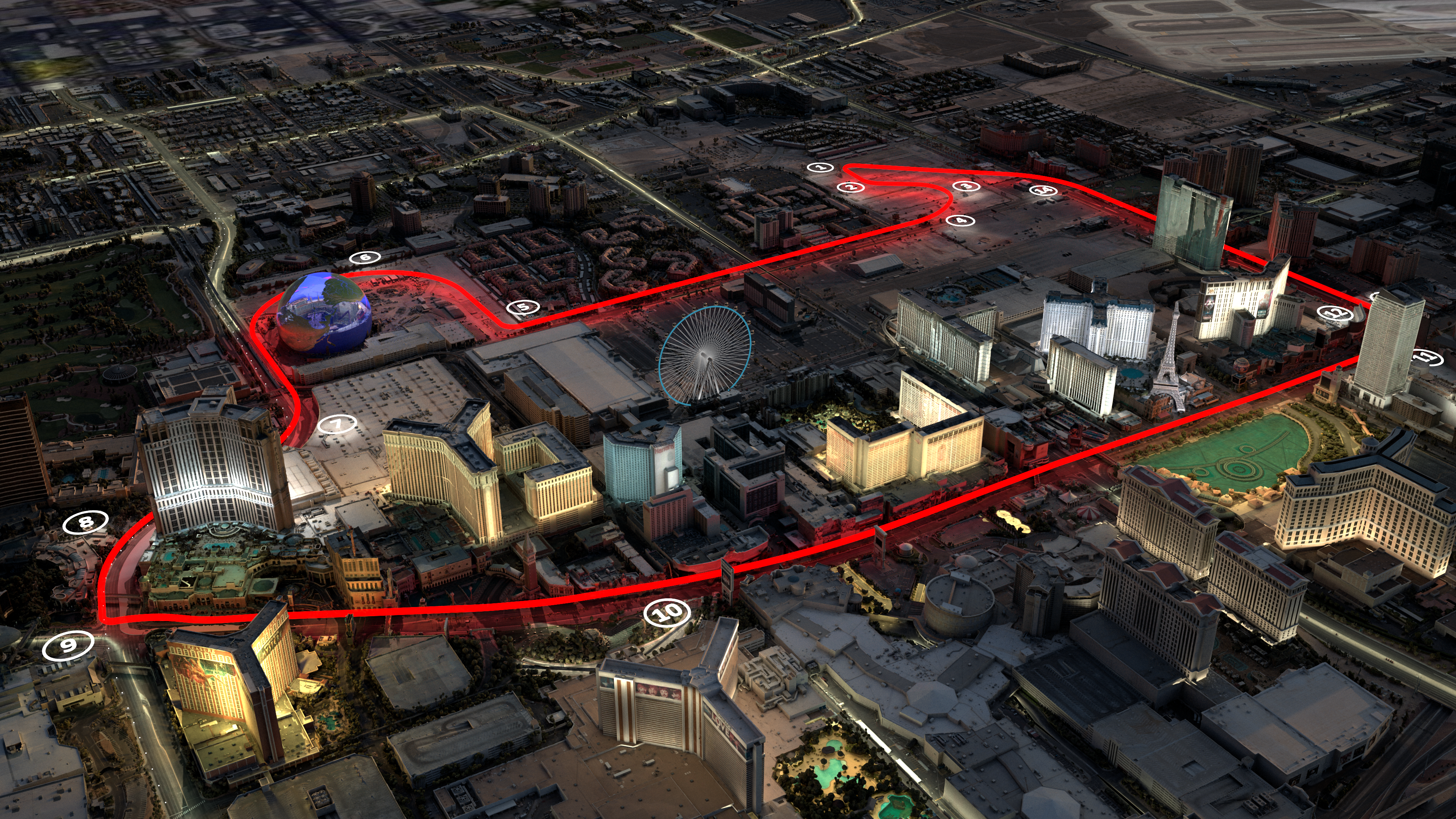 The track features a long back straight down the strip past Ceasars Palace and the Bellagio, right