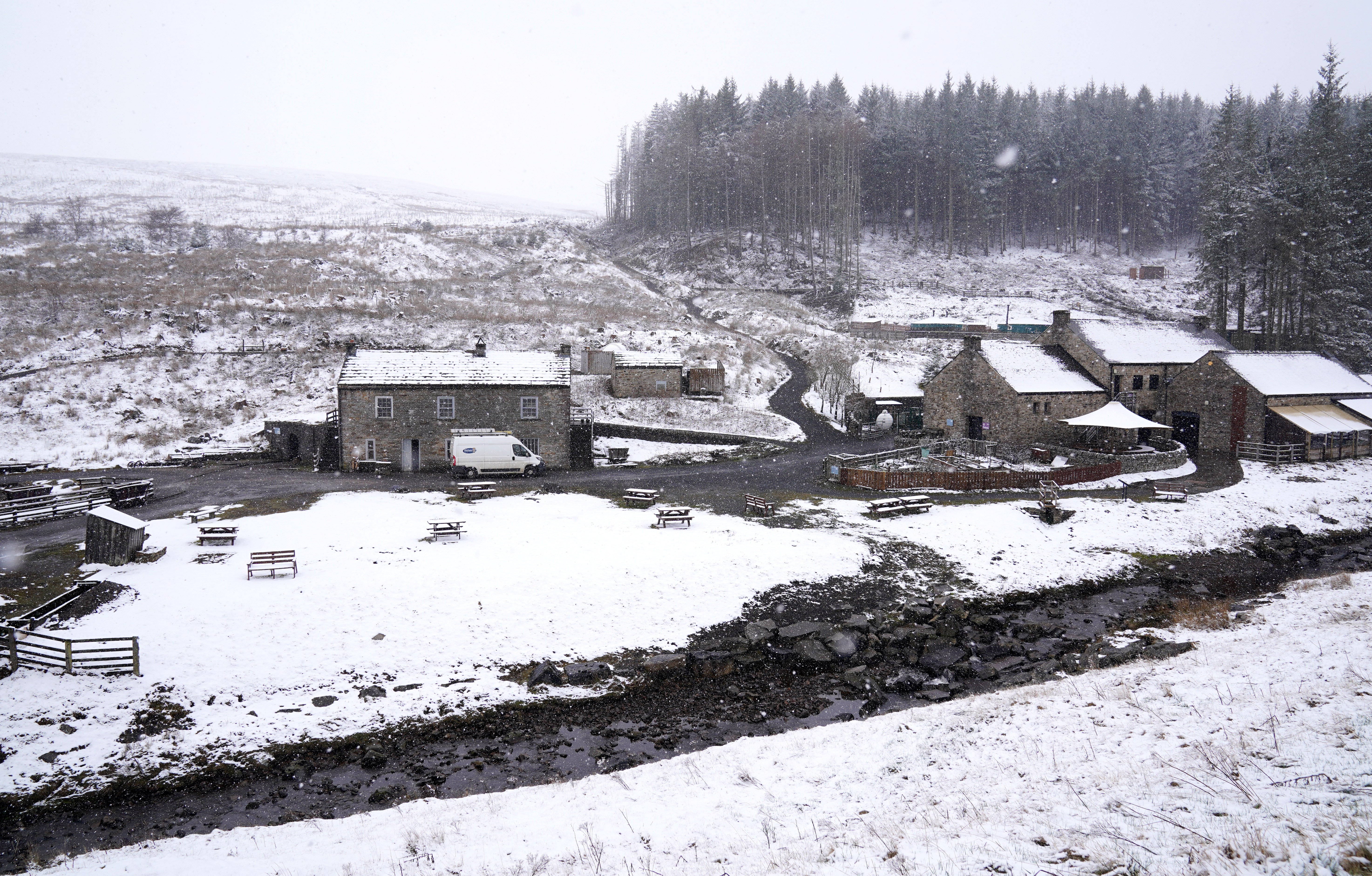 Snow covers the ground at Killhope Slate Mine, in County Durham (Owen Humphrey/PA)