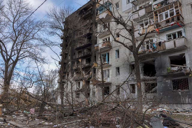 <p>A destroyed building is seen after shelling in Chernihiv earlier this week</p>