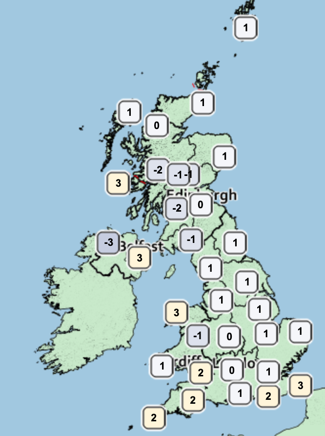 Forecast for 7am on Thursday shows low temperatures across the UK