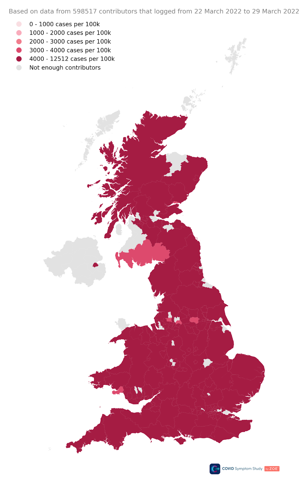 Map showing Covid prevalence in the UK