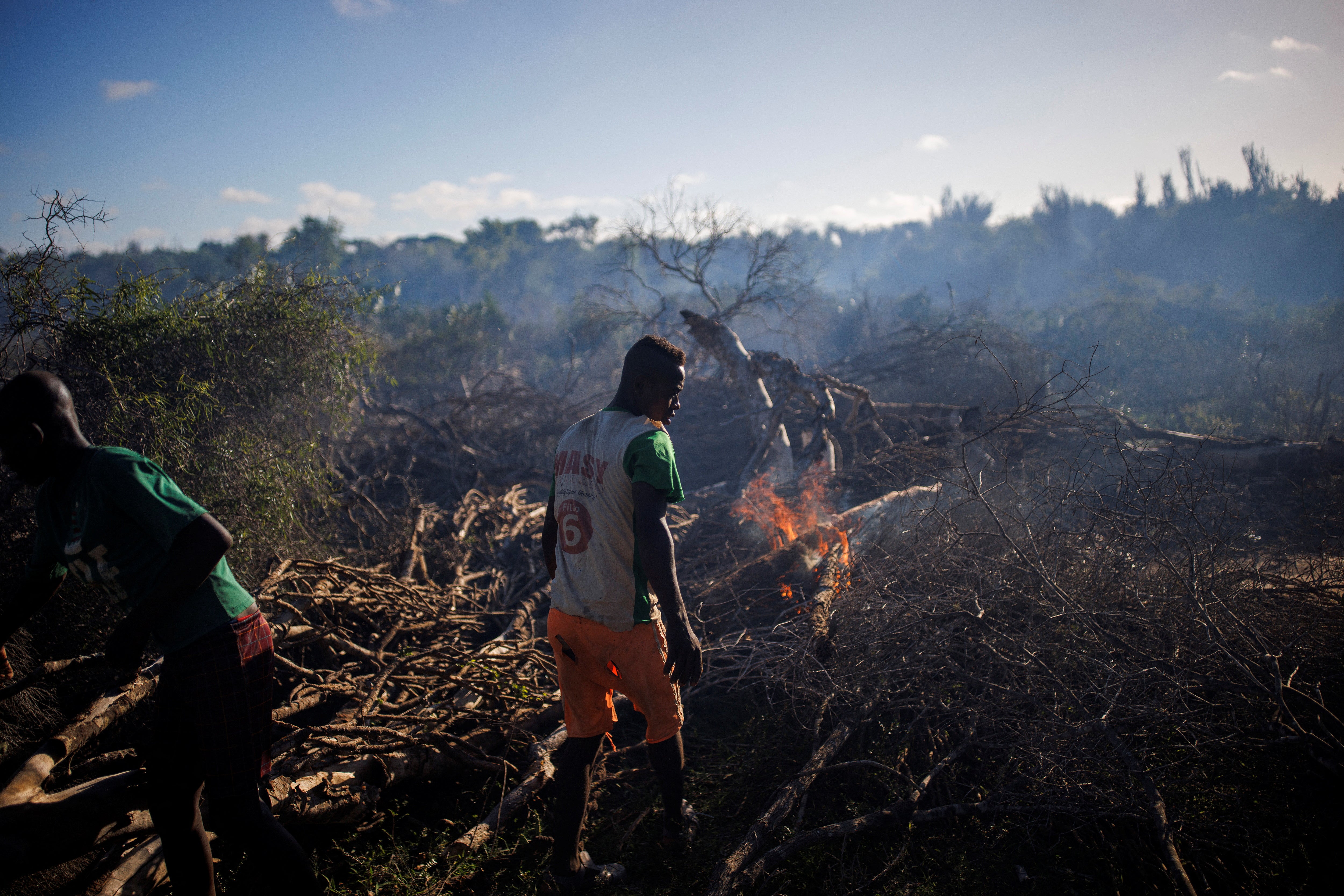Felix Fitiavantsoa and his brother start a fire in a wooded area in order to start cultivating it, in the Tsihombe commune