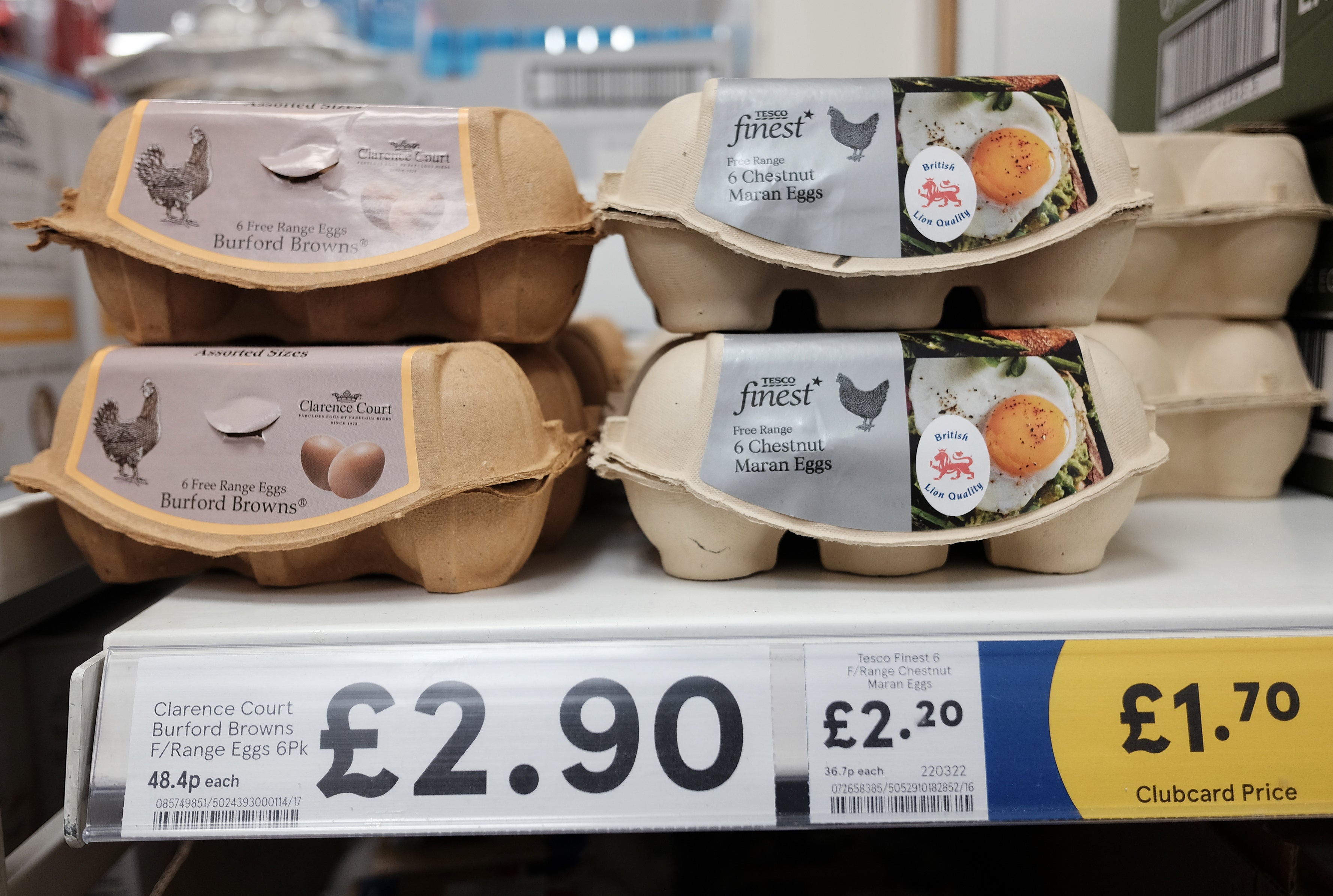 Boxes of free-range egg on a shop shelf in a Tesco store in central London (PA)