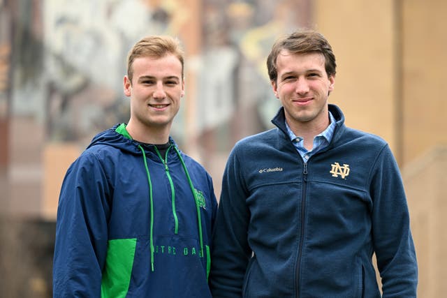 <p>Mike Oblich, left, and Jack Zagrocki, both sophomores at the University of Notre Dame, rescued a father and daughter from a steep embankment off the Indiana Toll Road after their car spun out in a snowstorm as the students returned from Spring Break</p>