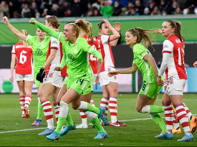 <p>The home side celebrate scoring on Thursday evening </p>