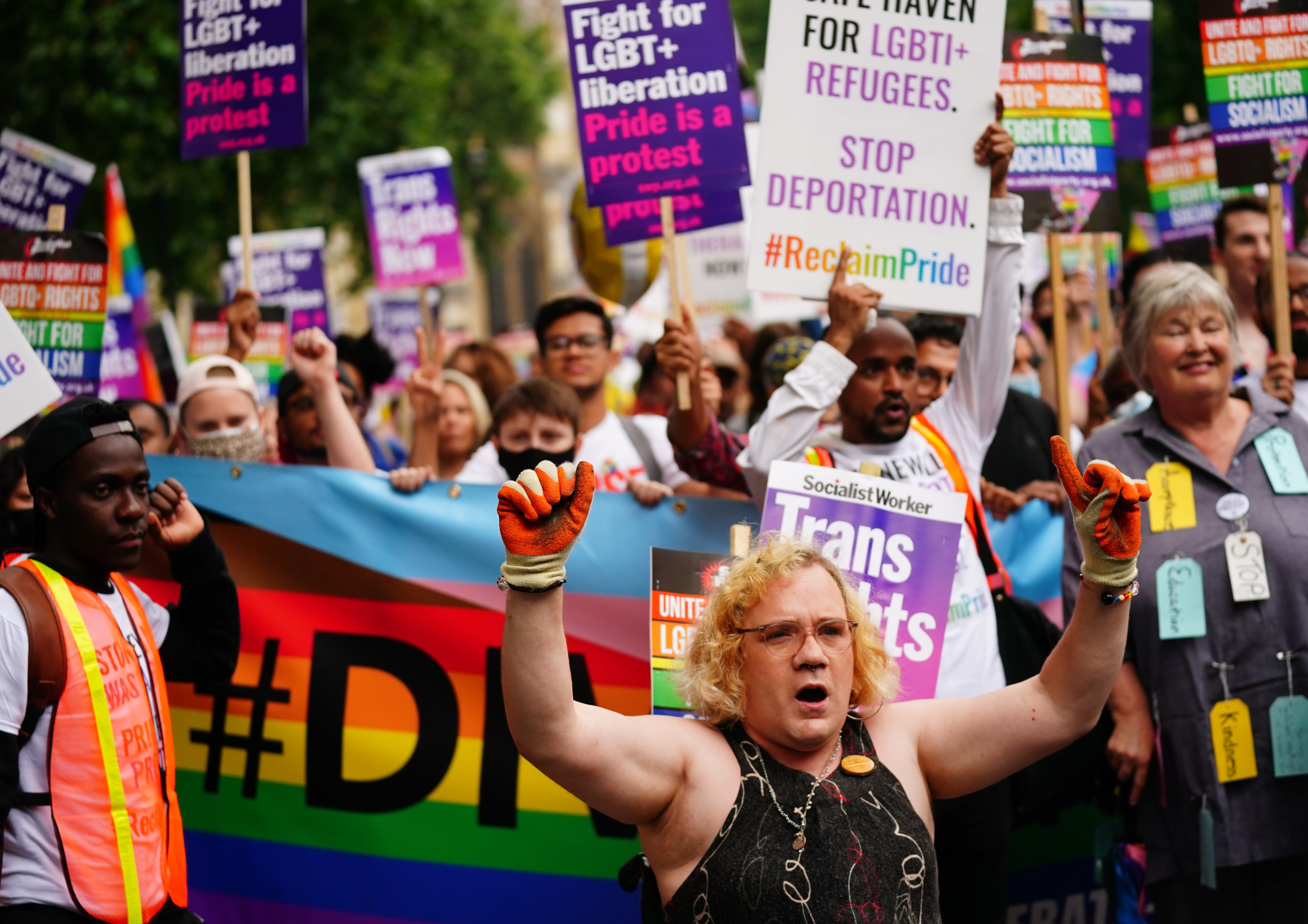 Demonstrators on a Reclaim Pride march calling on Boris Johnson to ‘stop stalling’ on LGBTI rights (Victoria Jones/PA)