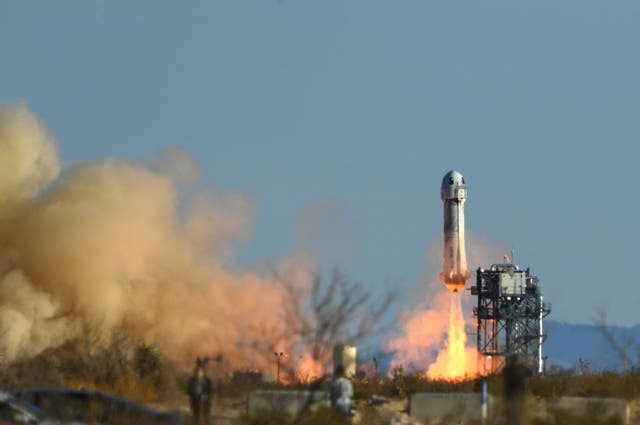 <p>A Blue Origin New Shepard rocket launches from Launch Site One in West Texas north of Van Horn on 31 March</p>
