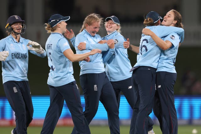 <p>England celebrate another wicket against South Africa in the semi-final</p>