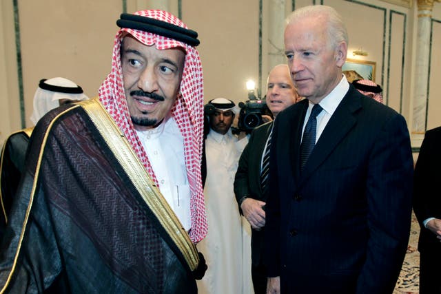 <p>Then-US Vice President Joe Biden offers his condolences to then-Prince Salman bin Abdel-Aziz upon the death of his brother in Saudi Arabia on 27 Oct 2011</p>