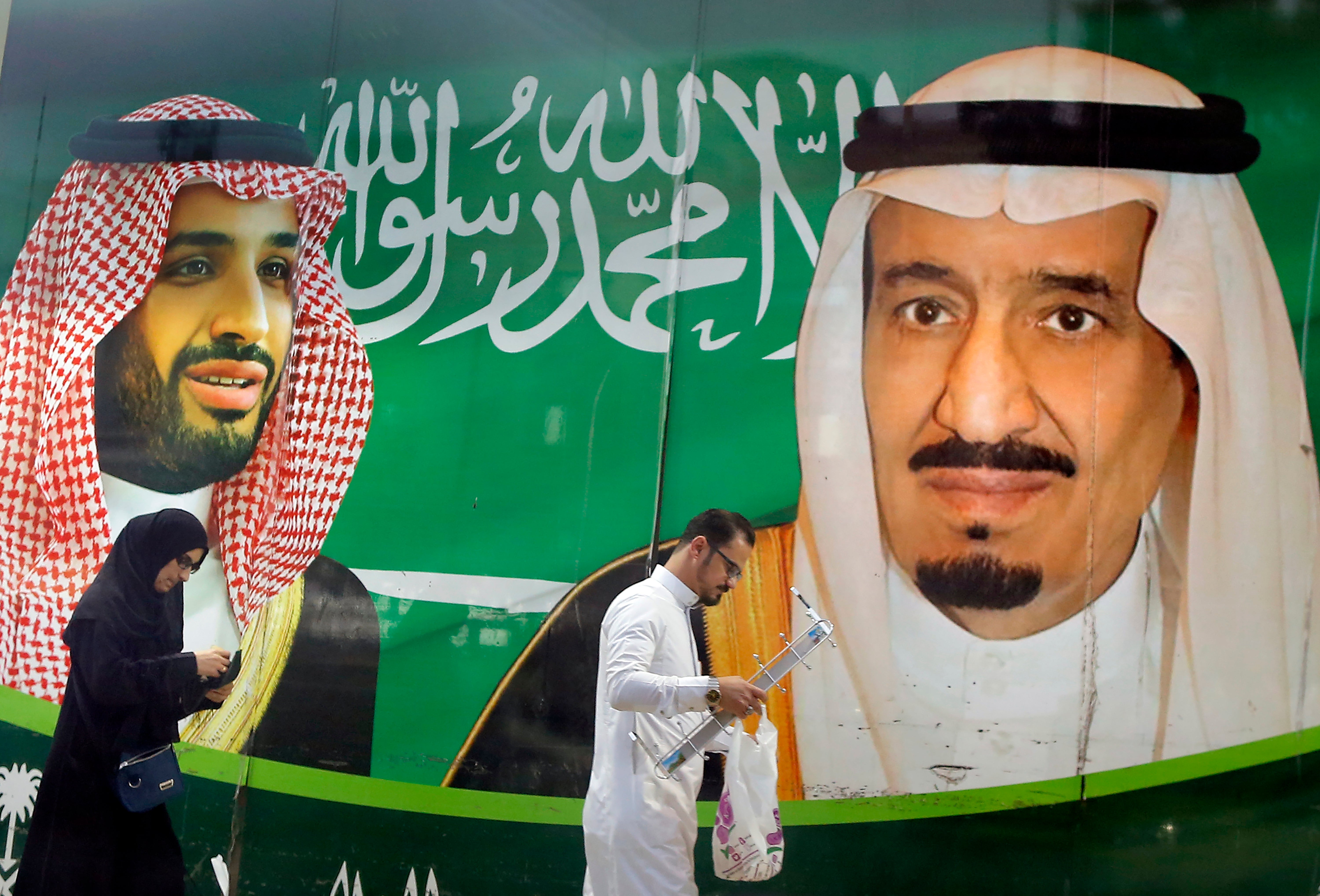 Images of King Salman, right, and Crown Prince Mohammed bin Salman, outside a mall in Jeddah