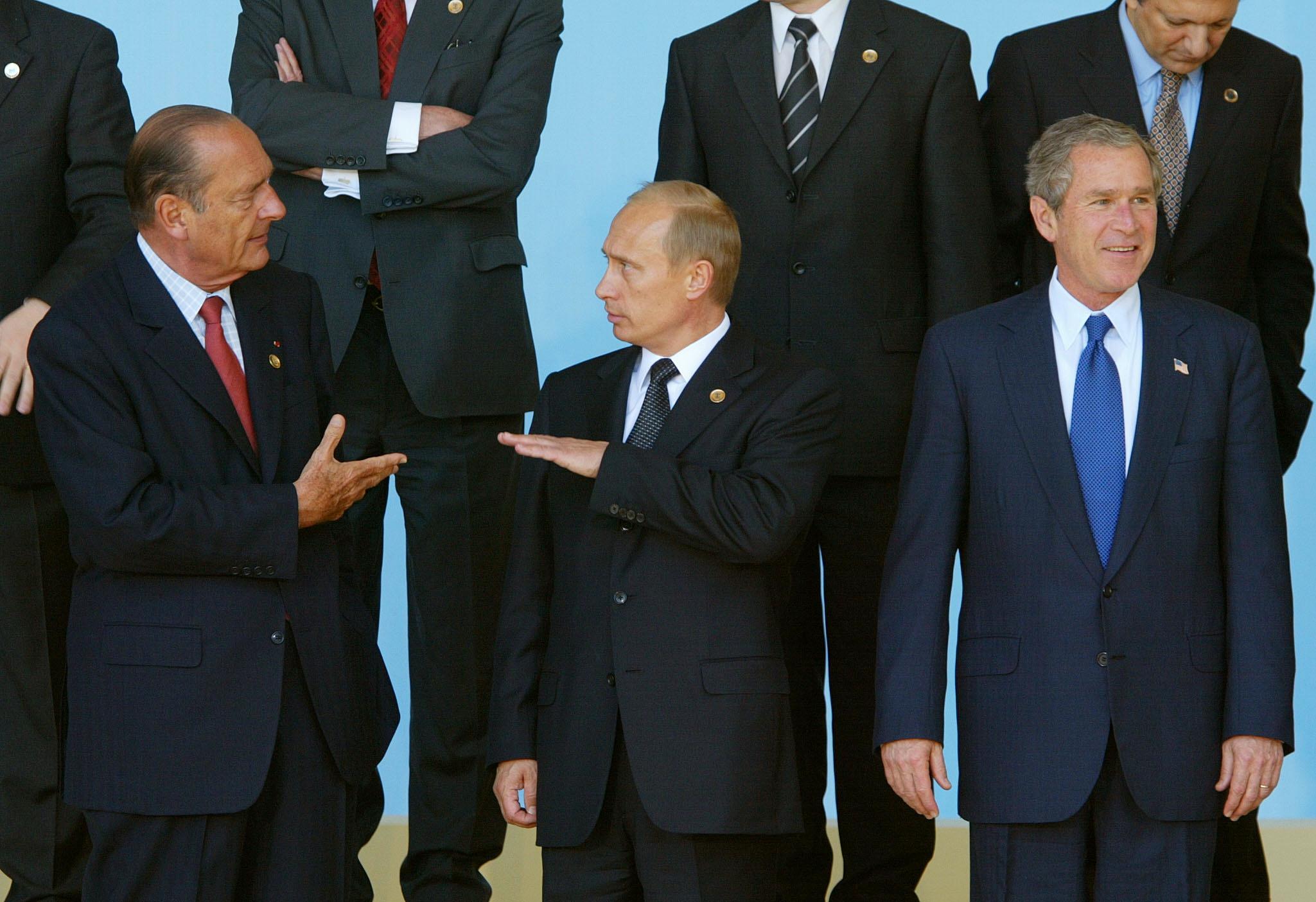 Jacques Chirac, Vladimir Putin and George W Bush at the Nato-Russia summit in May 2002