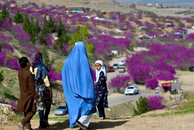 <p>File A  burqa-clad woman along with children visit the Gol Ghandi Park in Charikar of Parwan province</p>