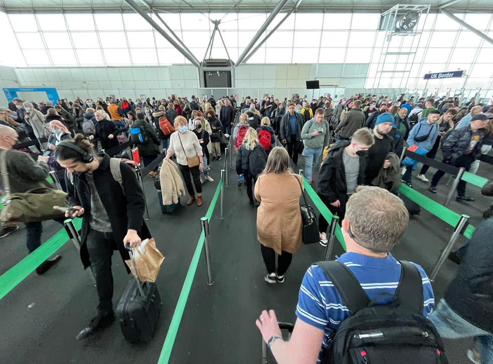 <p>Queues at Stansted Airport in April </p>