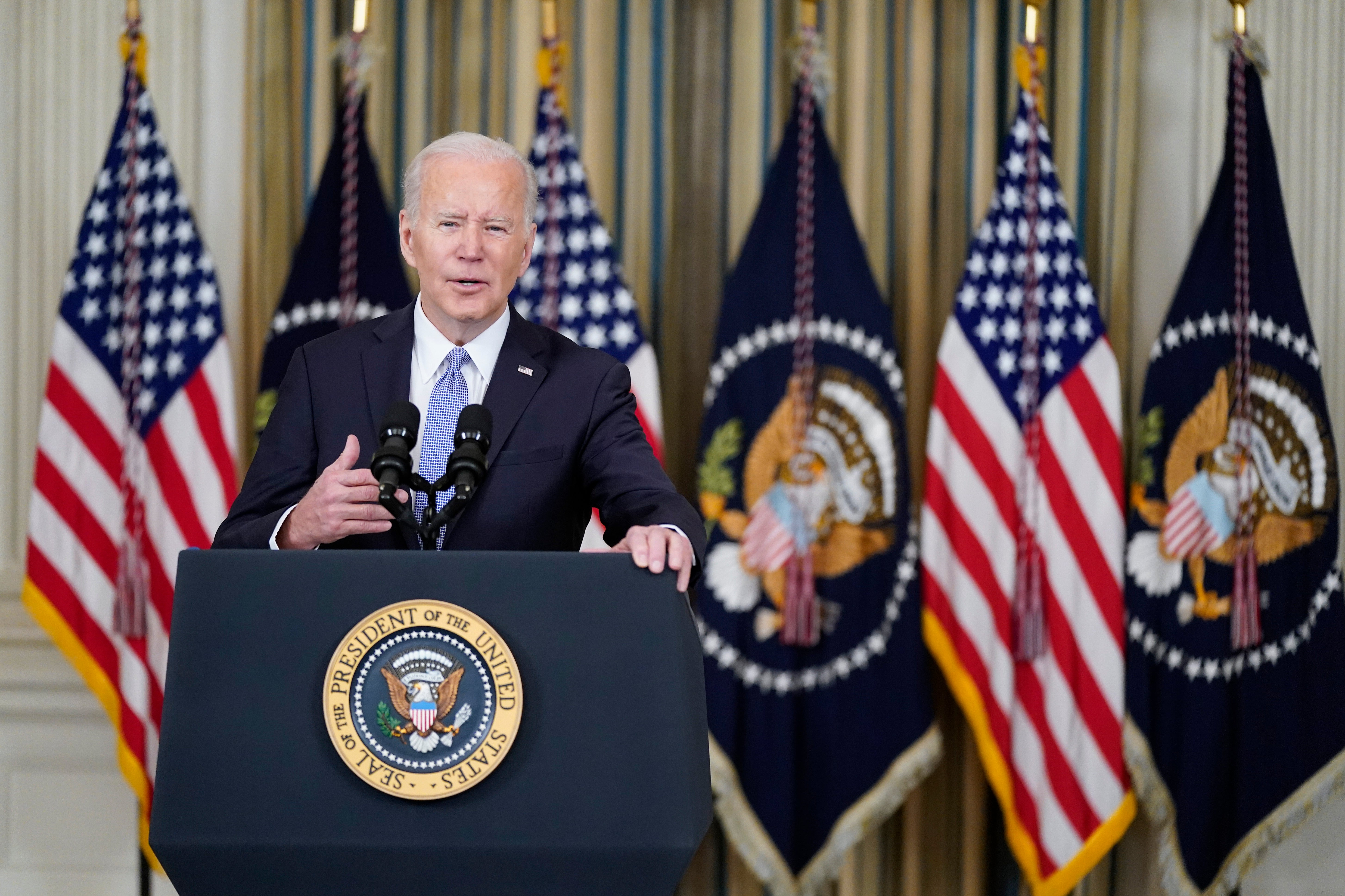 President Joe Biden speaks about the March jobs report in the State Dining Room of the White House, Friday, April 1, 2022