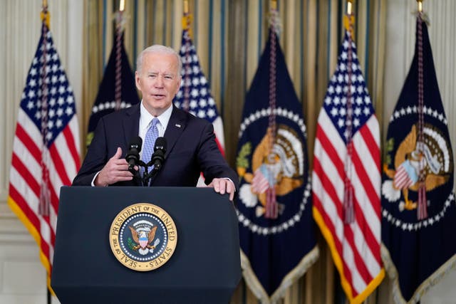 <p>President Joe Biden speaks about the March jobs report in the State Dining Room of the White House, Friday, April 1, 2022</p>