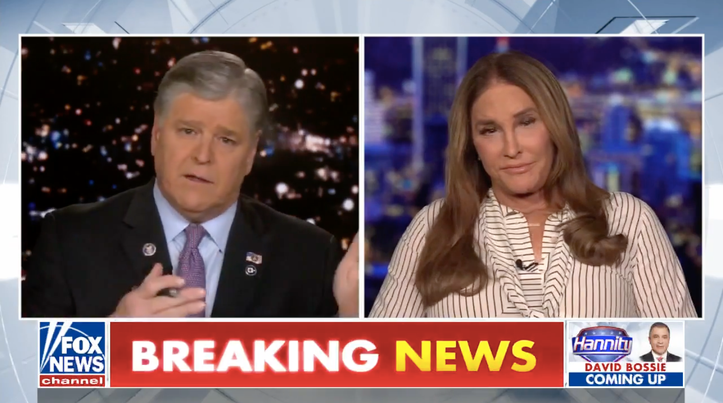 Caitlyn Jenner, seen here in her first appearance as a contributor on Fox News, talks with Sean Hannity about Flordia’s so-called ‘Don’t say gay’ bill.