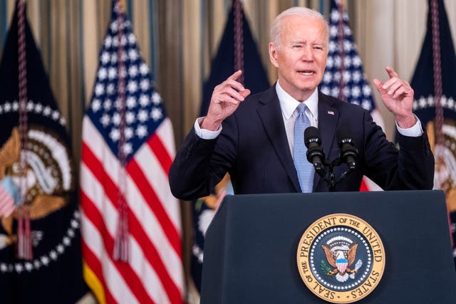 <p>President Joe Biden delivers remarks on the March jobs report in the State Dining Room of the White House on 1 April 2022</p>