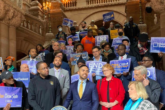 <p>New York State Assembly member Kenny Burgos speaks at a rally on behalf of the Clean Slate Act, a bill which would automatically clear the records of those with old criminal records.</p>