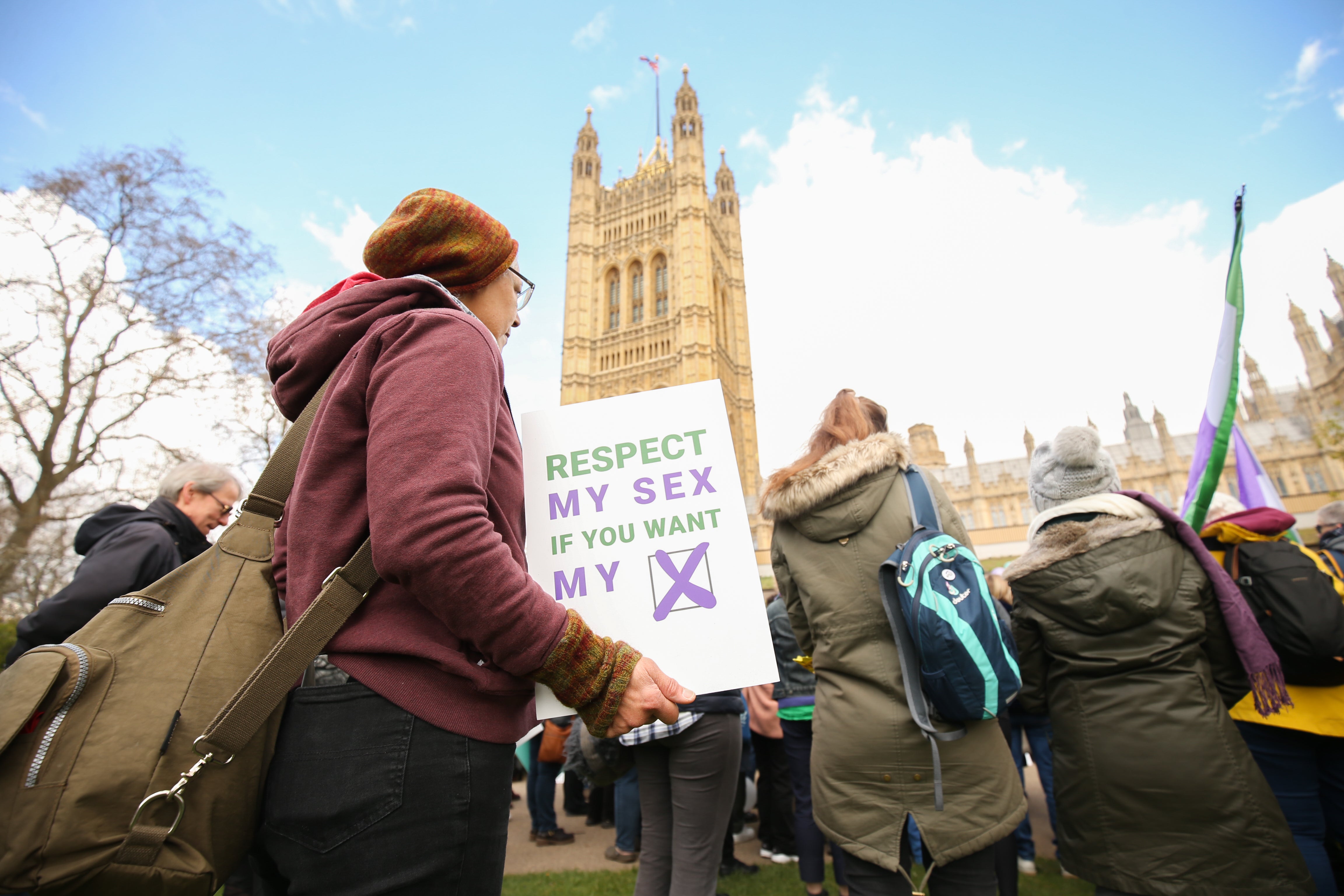 Around 100 “gender rights” activists have gathered in central London to say they are “not afraid to be women or to be called women” rather than “womb-havers” (James Manning/PA)