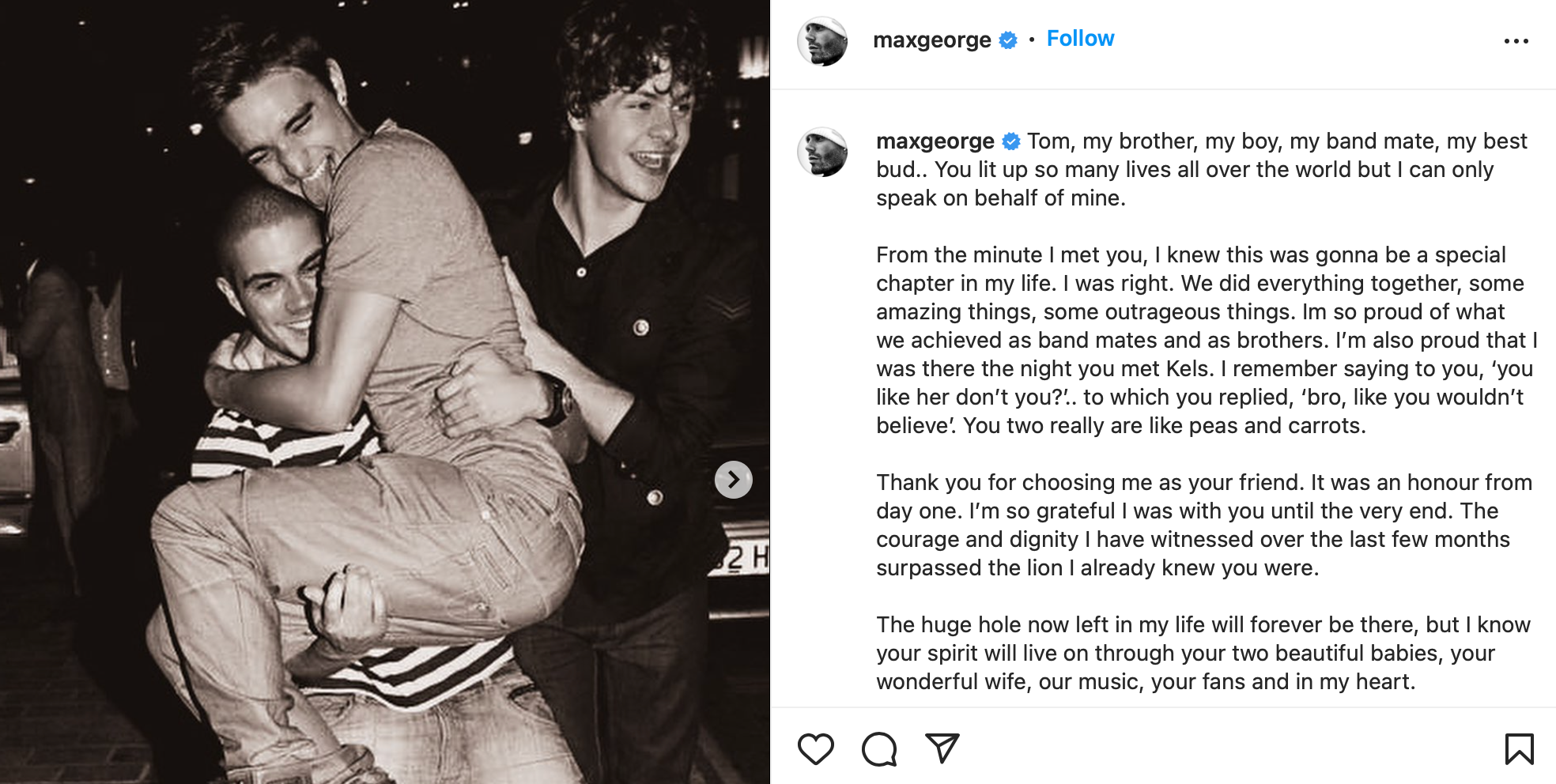 Max George shares tribute to his Wanted bandmate Tom Parker