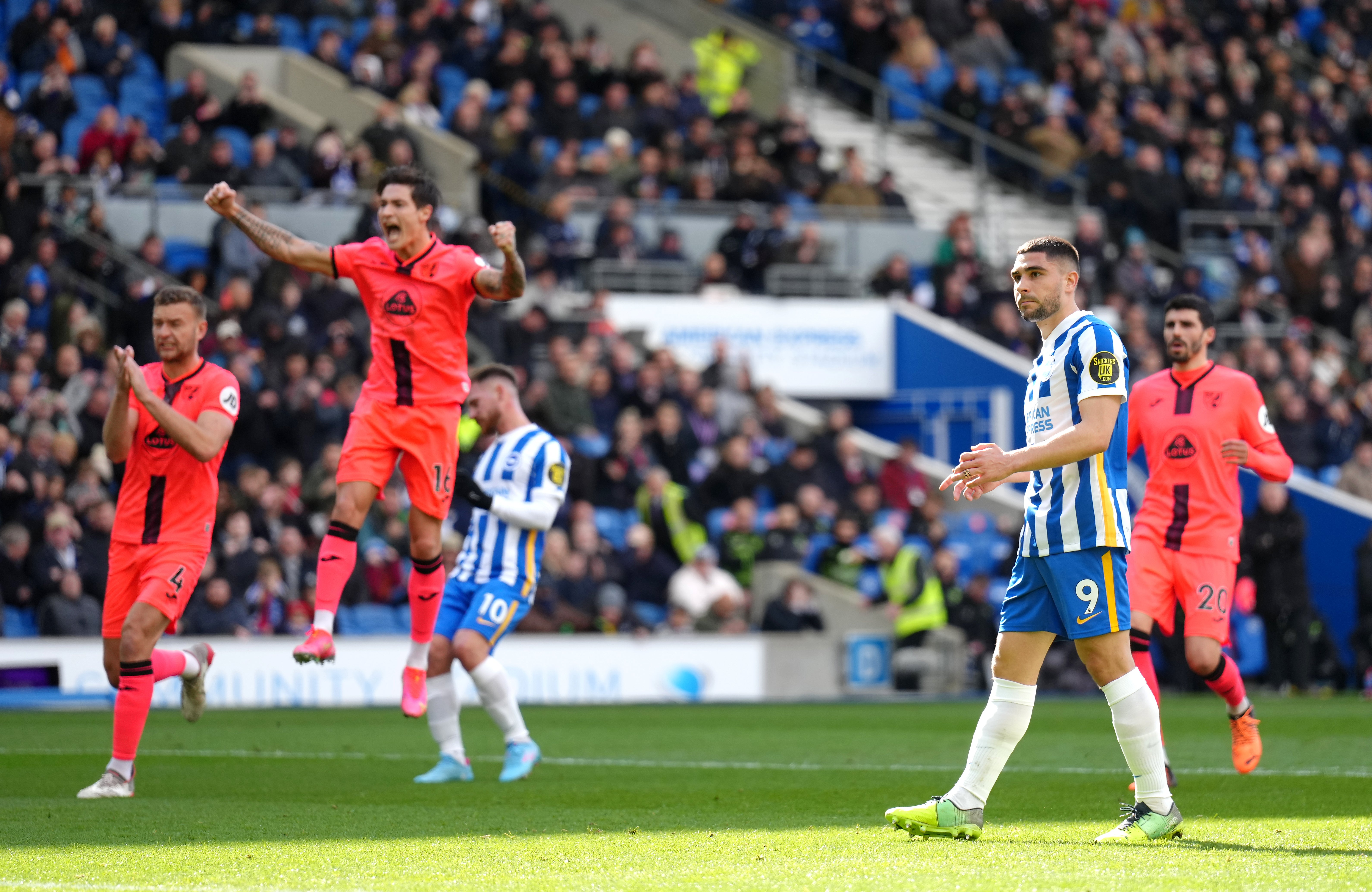 Neal Maupay reacts after missing from the penalty spot for Brighton against Norwich