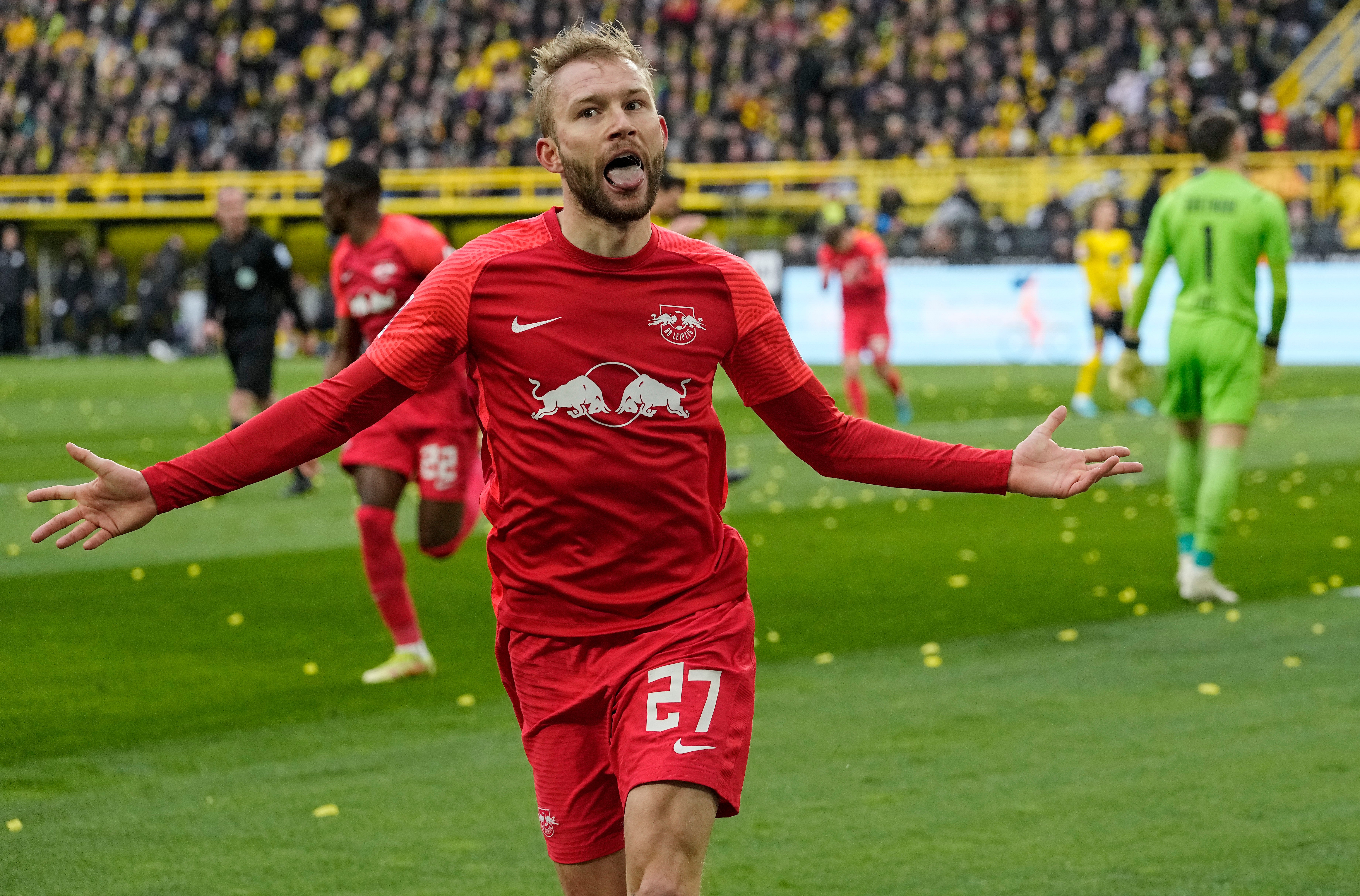 Konrad Laimer scored twice as RB Leipzig thrashed Borussia Dortmund (Martin Meissner/AP)
