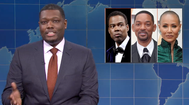 <p>Michael Che roasts Will Smith and Jada Pinkett Smith on the first ‘Saturday Night Live’ skit since the Oscars incident </p>