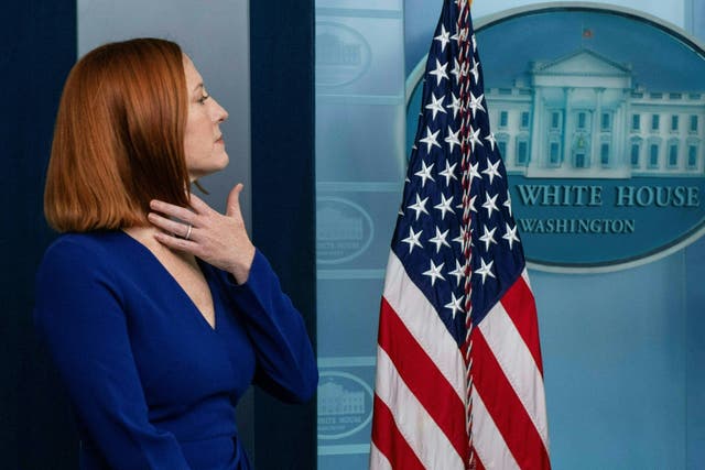 <p>White House press secretary Jen Psaki looks on during a briefing in the James S. Brady Press Briefing Room of the White House in Washington, DC, on 1 April 2022</p>