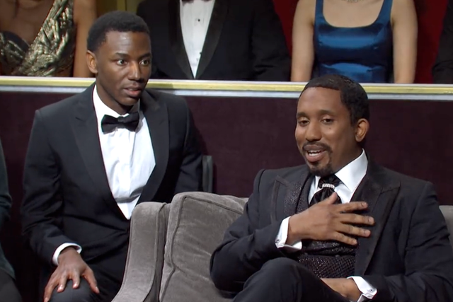 <p>SNL host Jerrod Carmichael plays a seat filler in the sketch while Chris Redd plays Will Smith </p>