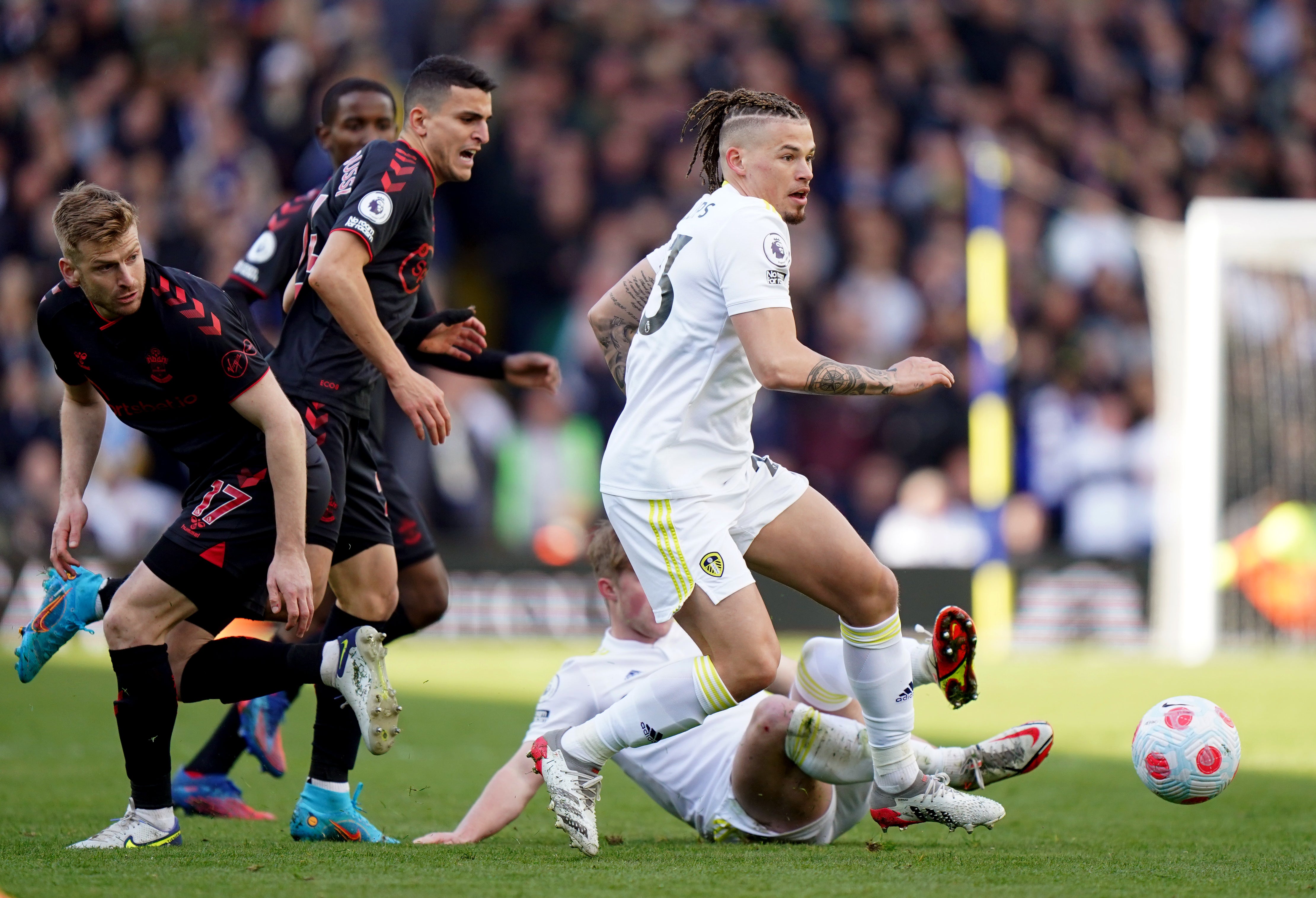 Kalvin Phillips, right, made his first Leeds appearance in four months on Saturday against Southampton (Tim Goode/PA)