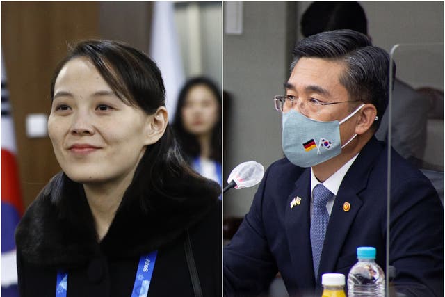 <p>Kim Yo-jong (left) says South Korea’s defence minister Suh Wook (right) is a ‘scum-like guy’ </p>