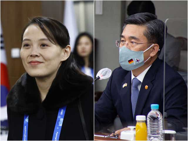 <p>Kim Yo-jong (left) says South Korea’s defence minister Suh Wook (right) is a ‘scum-like guy’ </p>