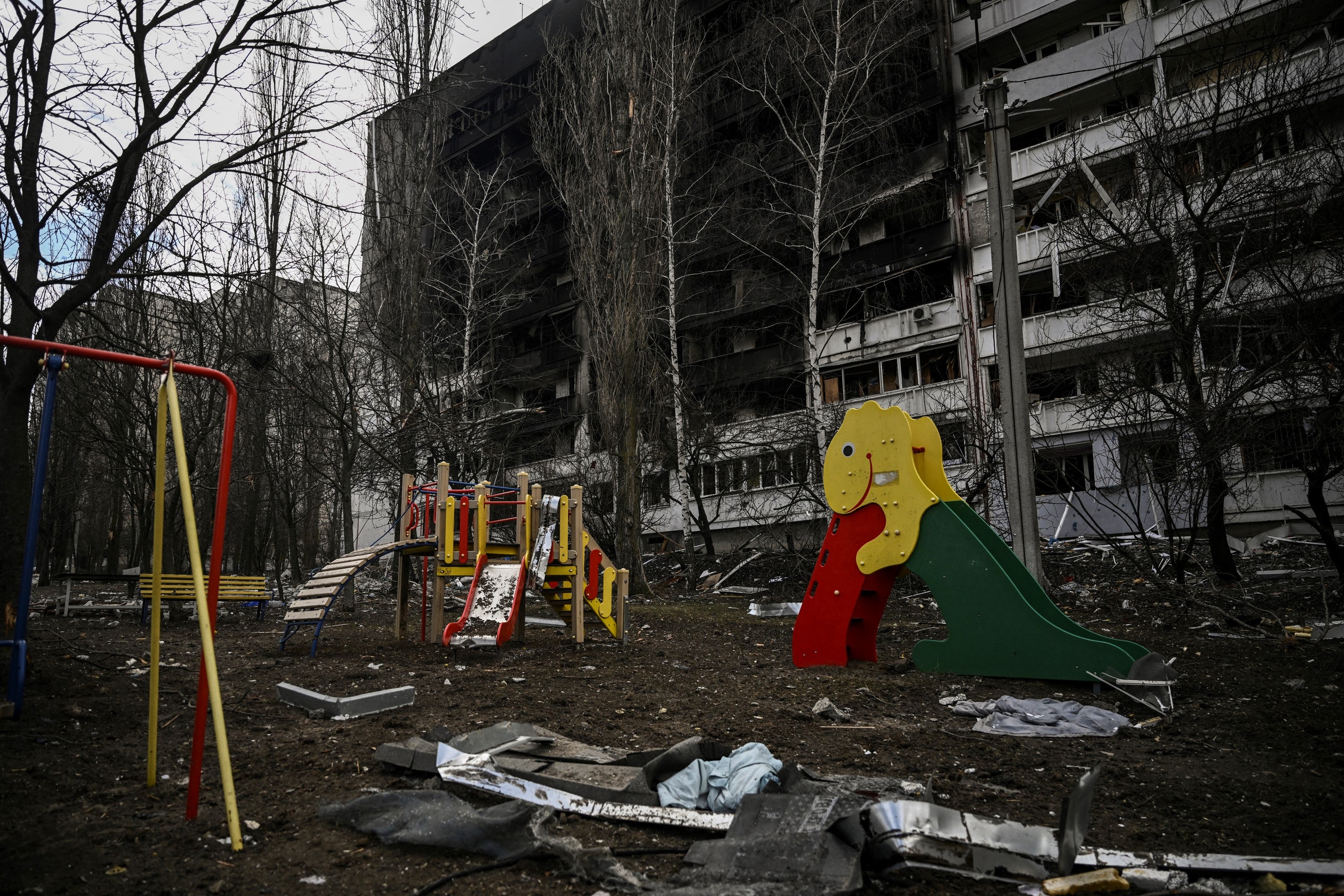 A heavily damaged apartment building in a frontline district of Kharkiv, 27 March 2022