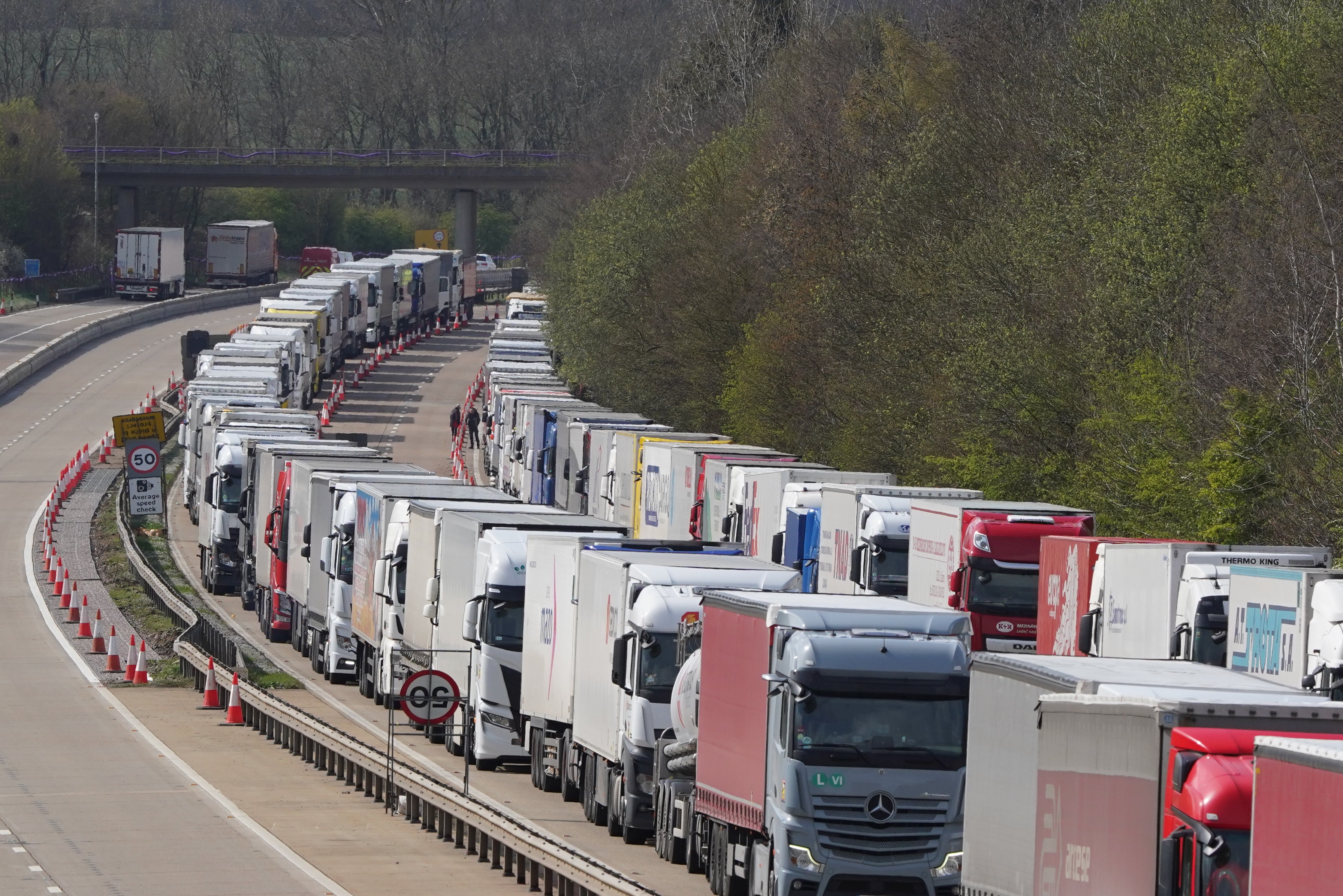 Operation Brock is activated as lorries queue on the M20 in Ashford, Kent, as some ferry services remain suspended at the Port of Dover following P&O Ferries sacking of 800 seafarers without notice on March 17, amid plans to bring in cheaper agency staff. Picture date: Friday April 1, 2022.